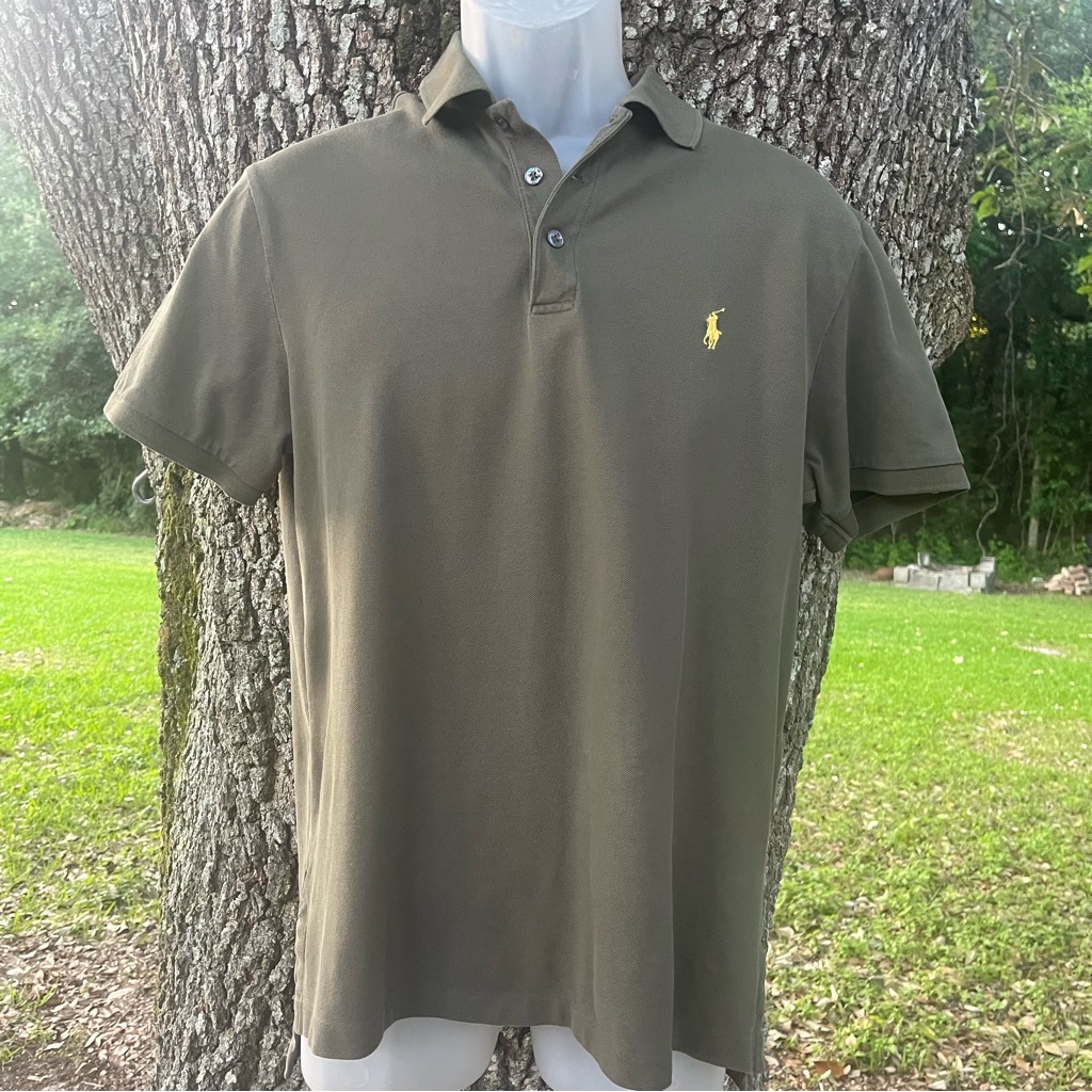 Ralph Lauren Polo Shirt Olive Green Yellow Logo Horse Pima Stretch Mesh Cotton